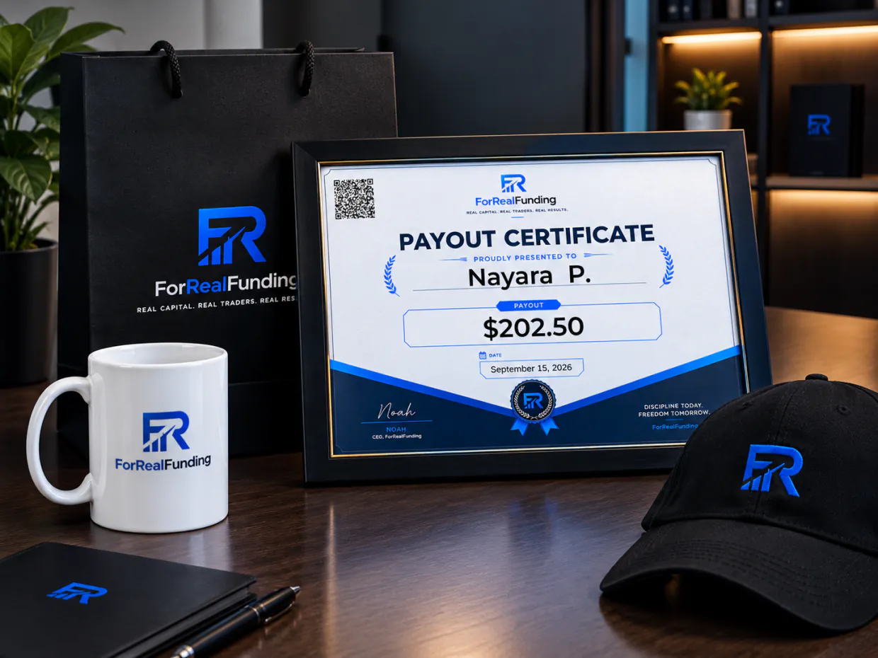 ForRealFunding Funded Trader Award Kit — a framed payout certificate showing a $202.50 payout dated September 15, 2026, beside a branded mug, embroidered cap, hardcover journal, pen and gift bag