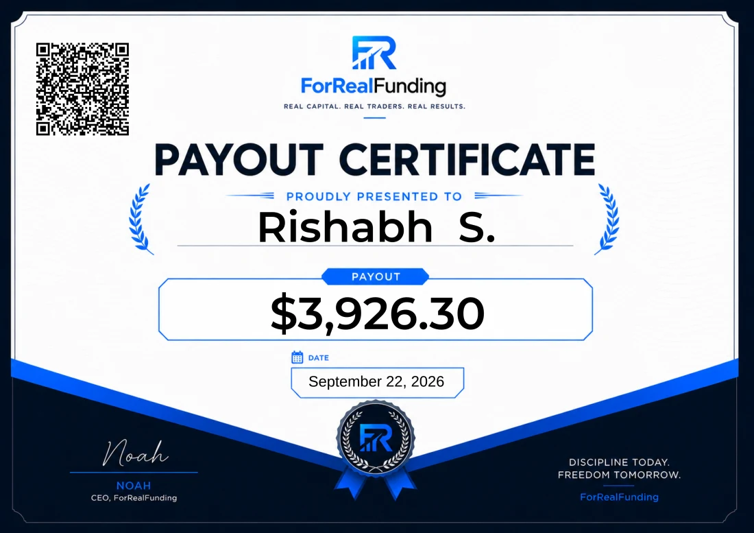 ForRealFunding payout certificate: Rishabh S., $3,926.30, September 22, 2026
